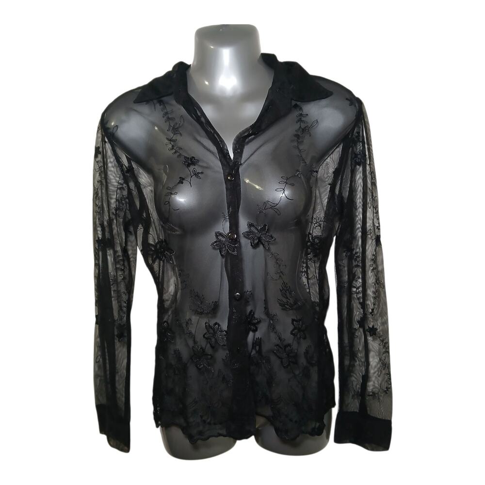 Charlotte Russe Black Sheer Floral Lace Blouse Size M Long Sleeve Whimsigoth Y2K